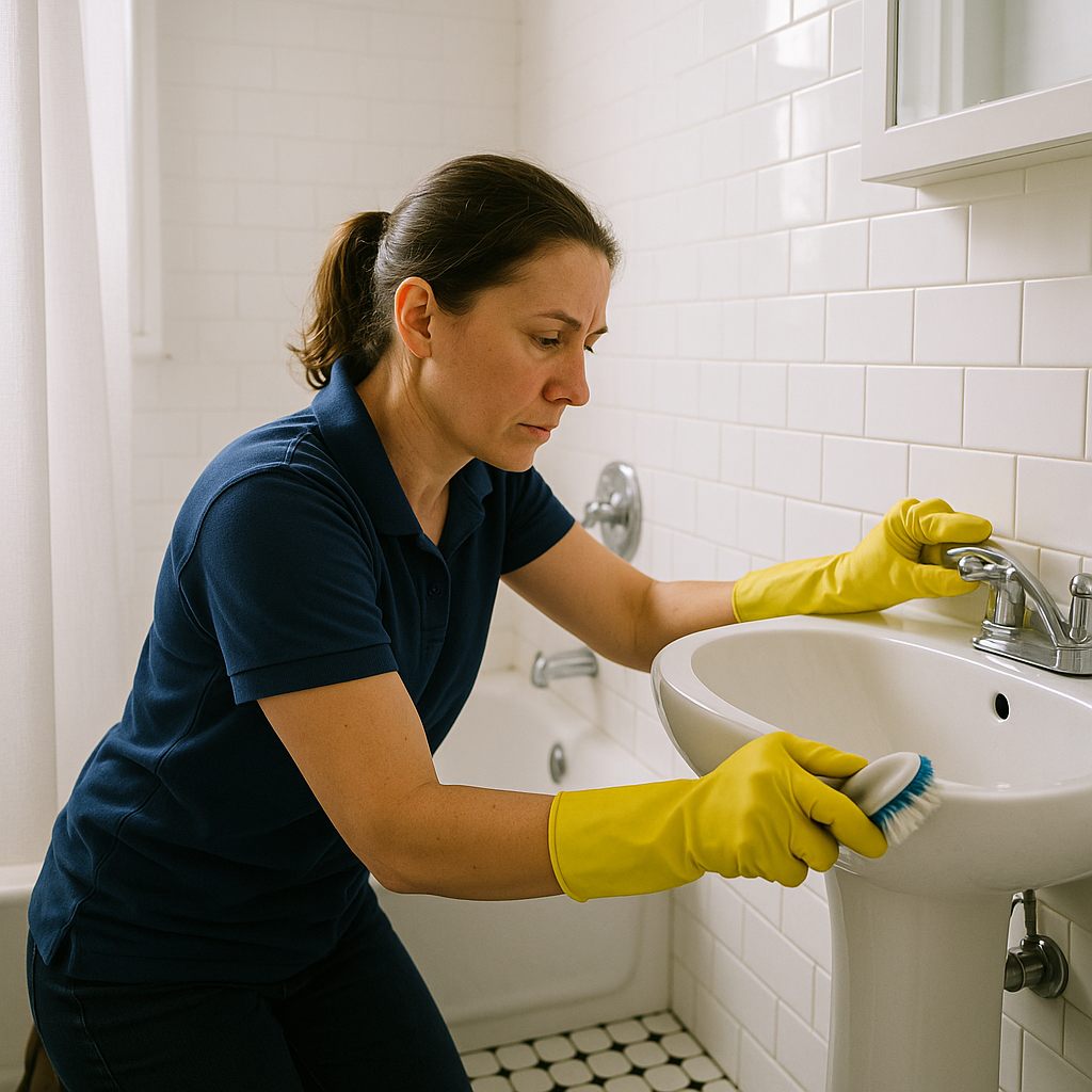 Deep cleaning: scrubbing the bathroom tile