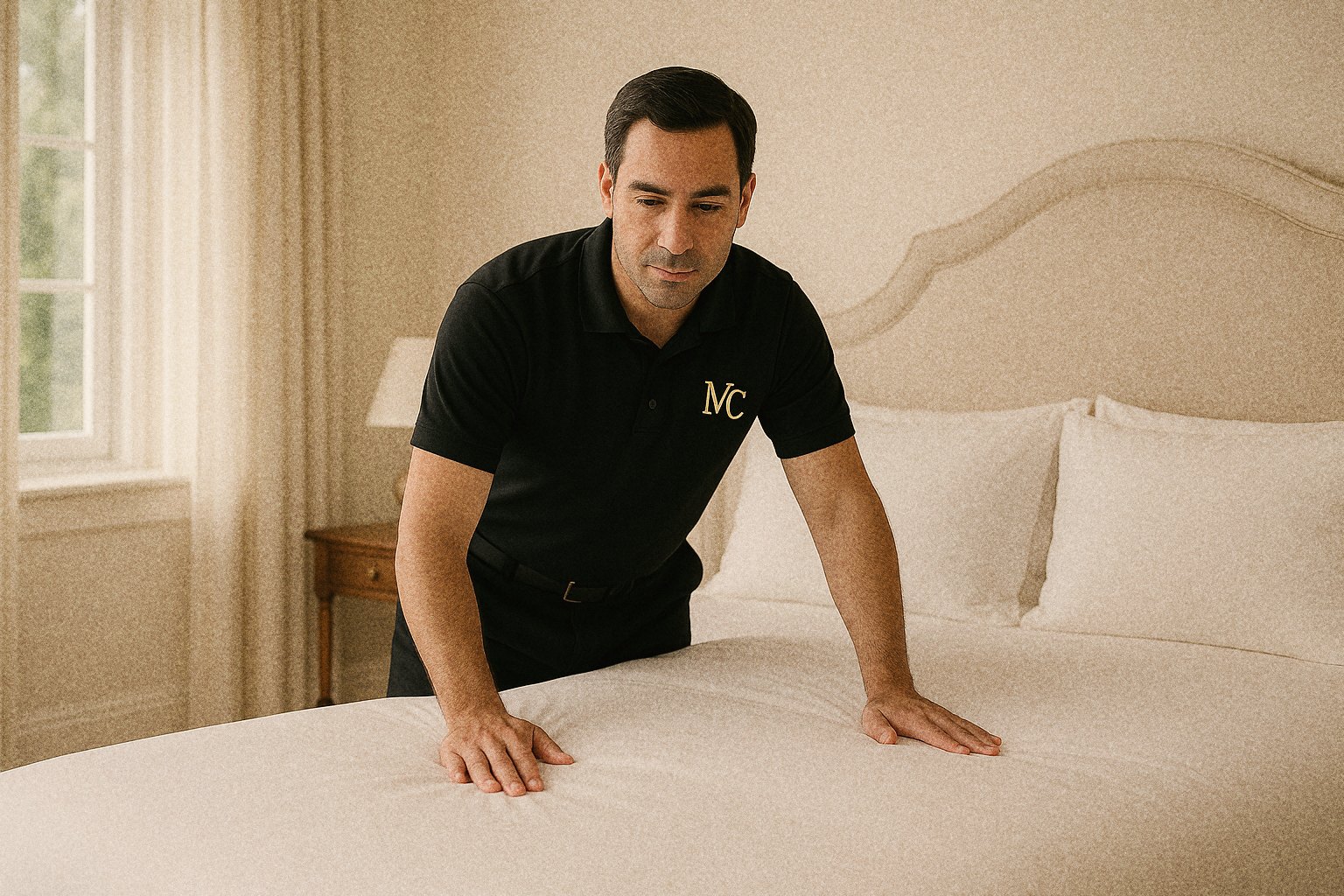 A bedroom dressed with crisp white linens by Manse & Co