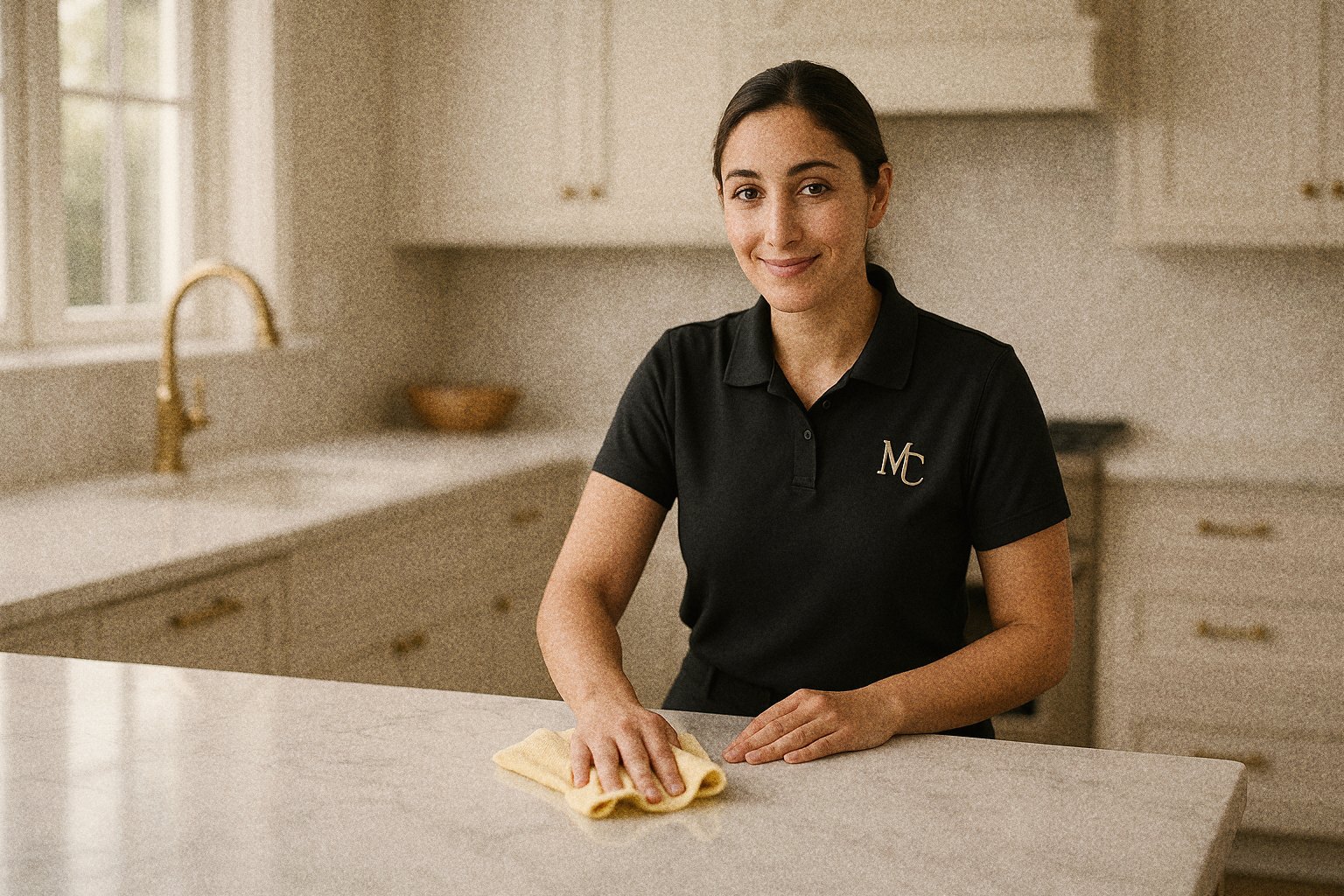 A Manse & Co housekeeper polishing a marble kitchen island