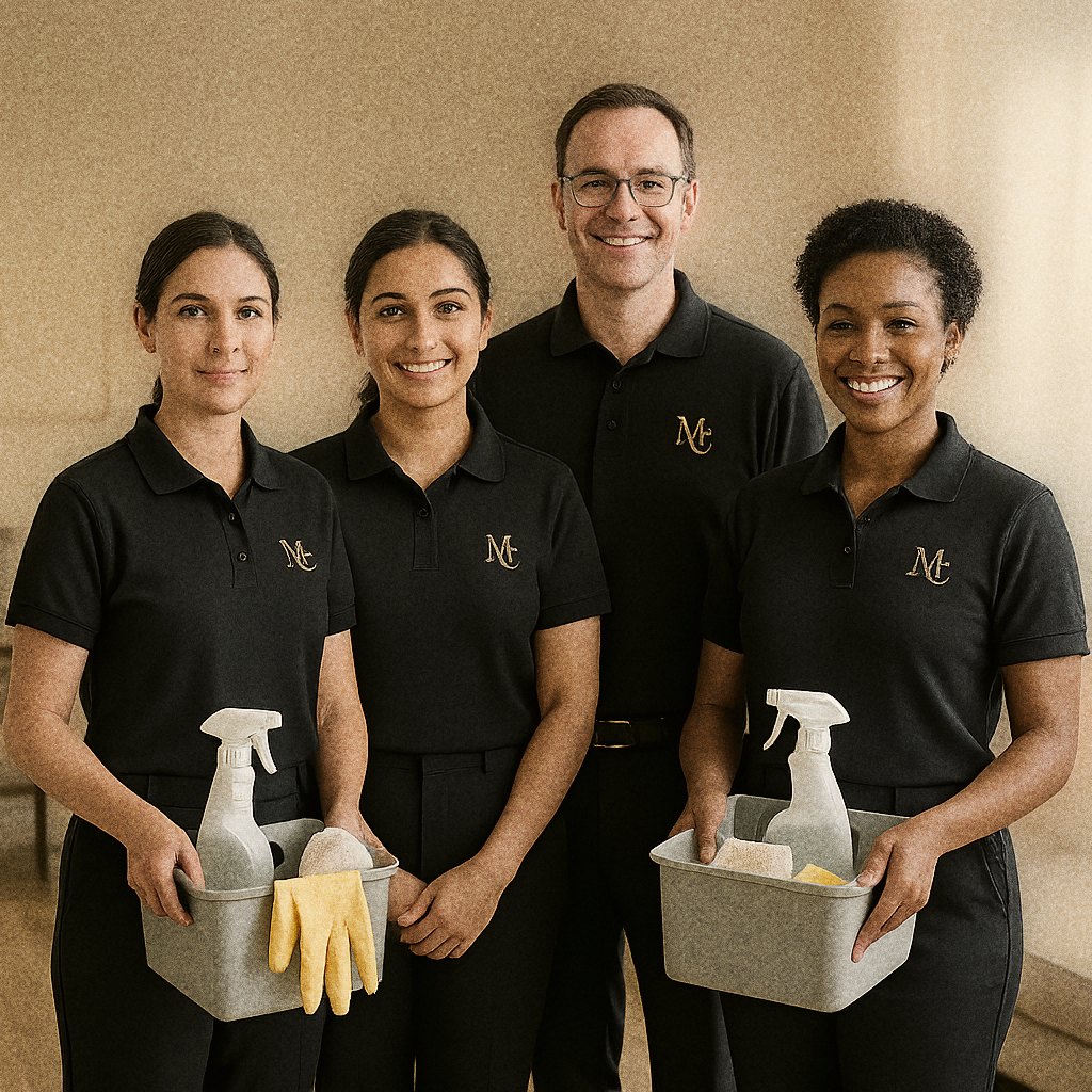 The Manse & Co housekeeping team in black polo shirts bearing the gold MC monogram