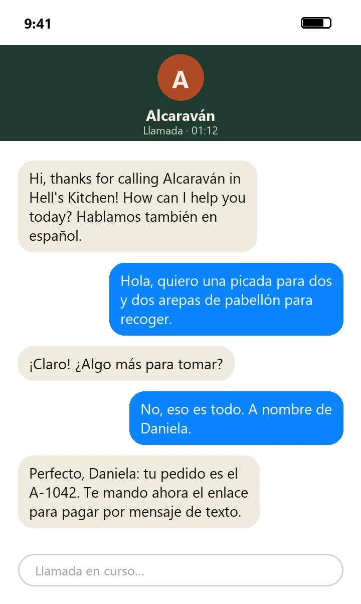 Pantalla de un pedido por teléfono