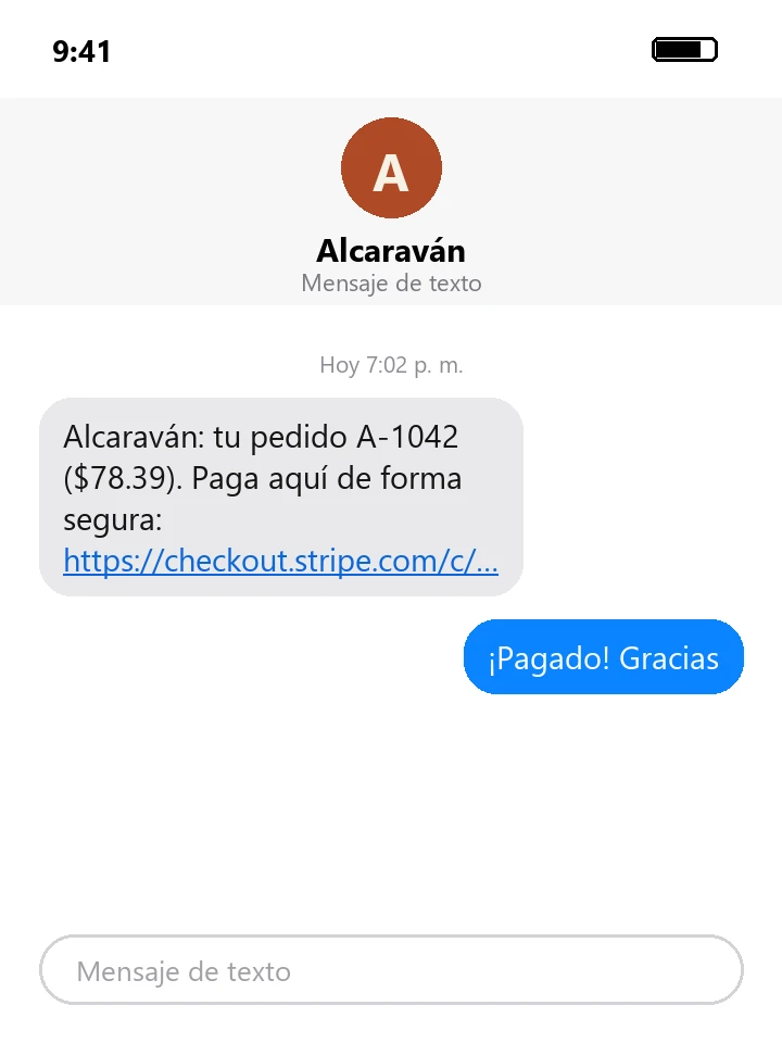 SMS con el enlace de pago del pedido