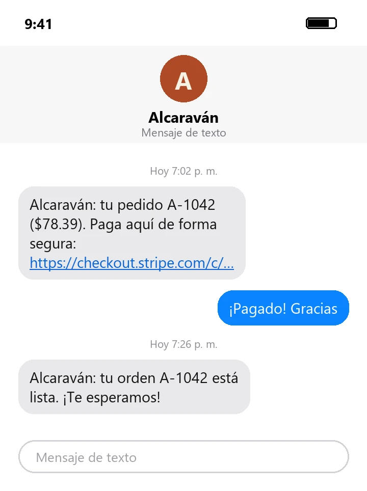 SMS que avisa que el pedido está listo