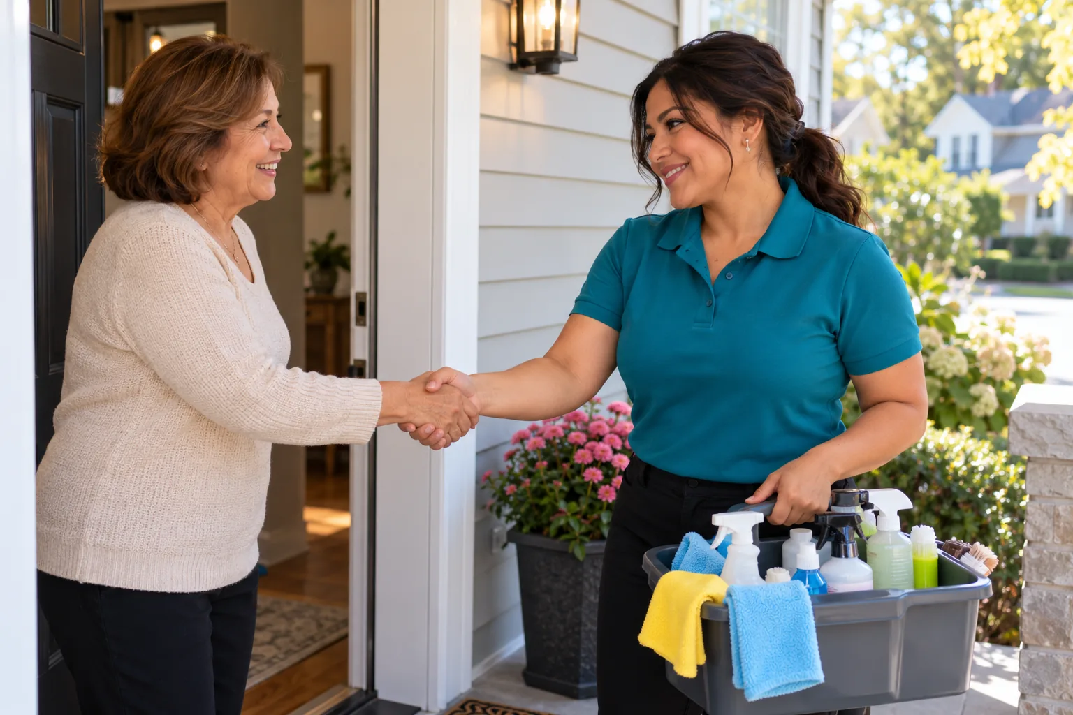 Rosa greeting a happy client at the front door