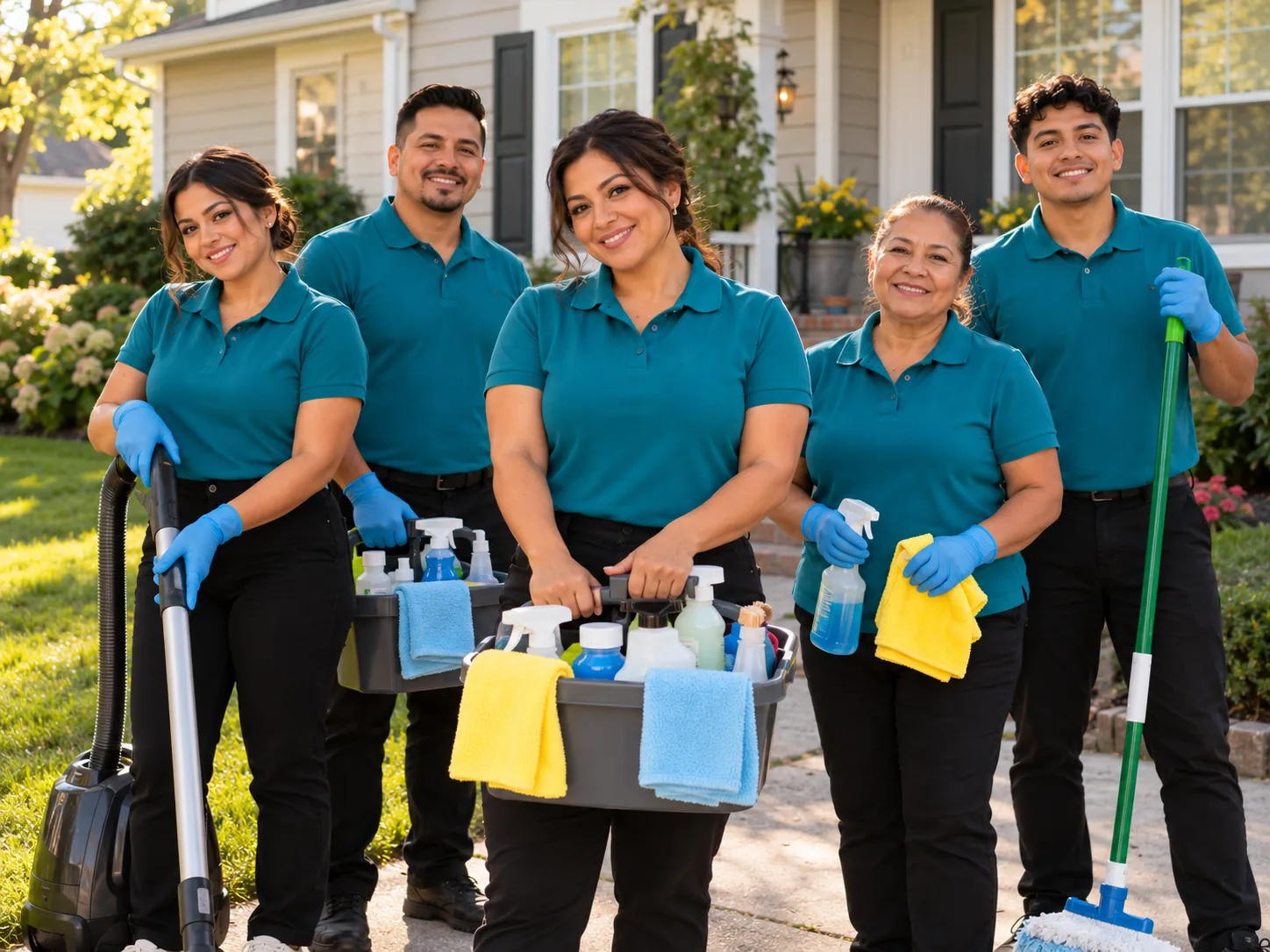The Casa Brillante team standing in front of a house with their cleaning supplies
