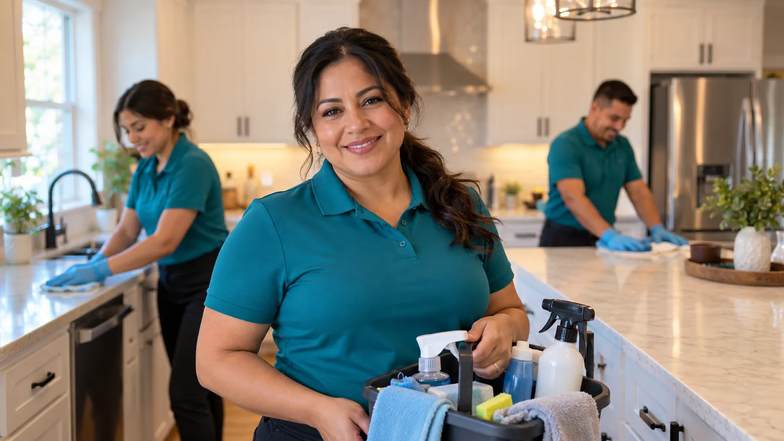 Rosa, the owner of Casa Brillante, smiling in a client kitchen with her team