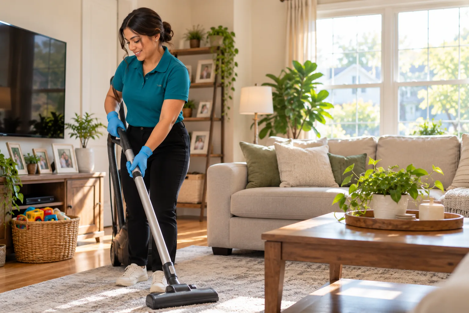 A cleaner vacuuming a bright, tidy living room