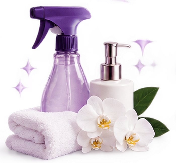 Eco-friendly cleaning products with white towels and orchids
