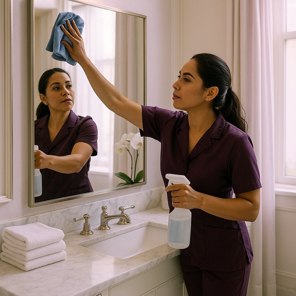 A luxury bathroom being polished to a shine