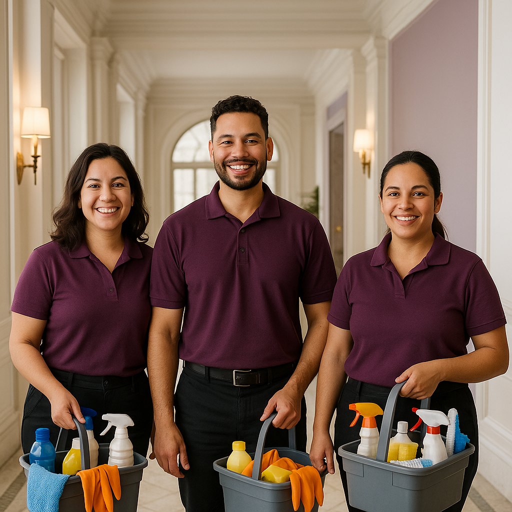The Fifth Ave Maids team in plum uniforms