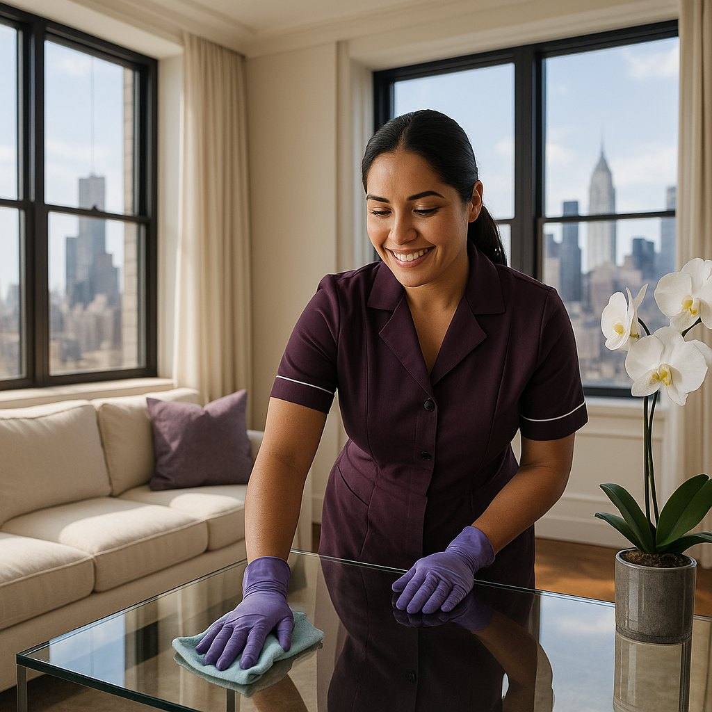 A Fifth Ave Maids housekeeper in a bright, elegant Manhattan living room