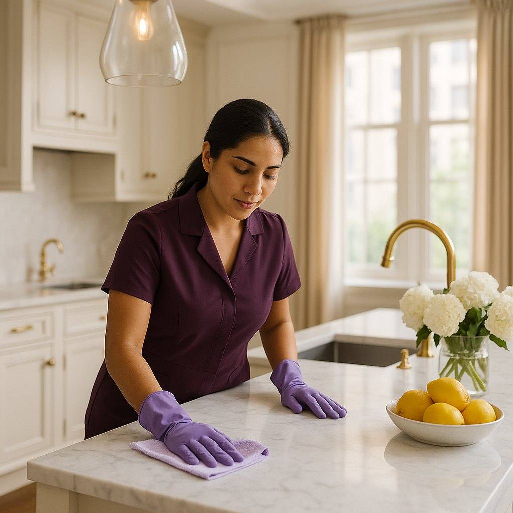 A Fifth Ave Maids housekeeper cleaning a marble kitchen