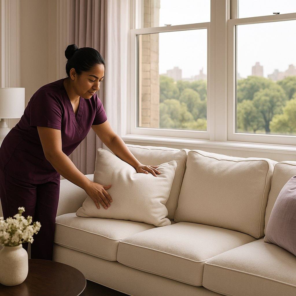 A bright, freshly cleaned Manhattan living room with a view of Central Park