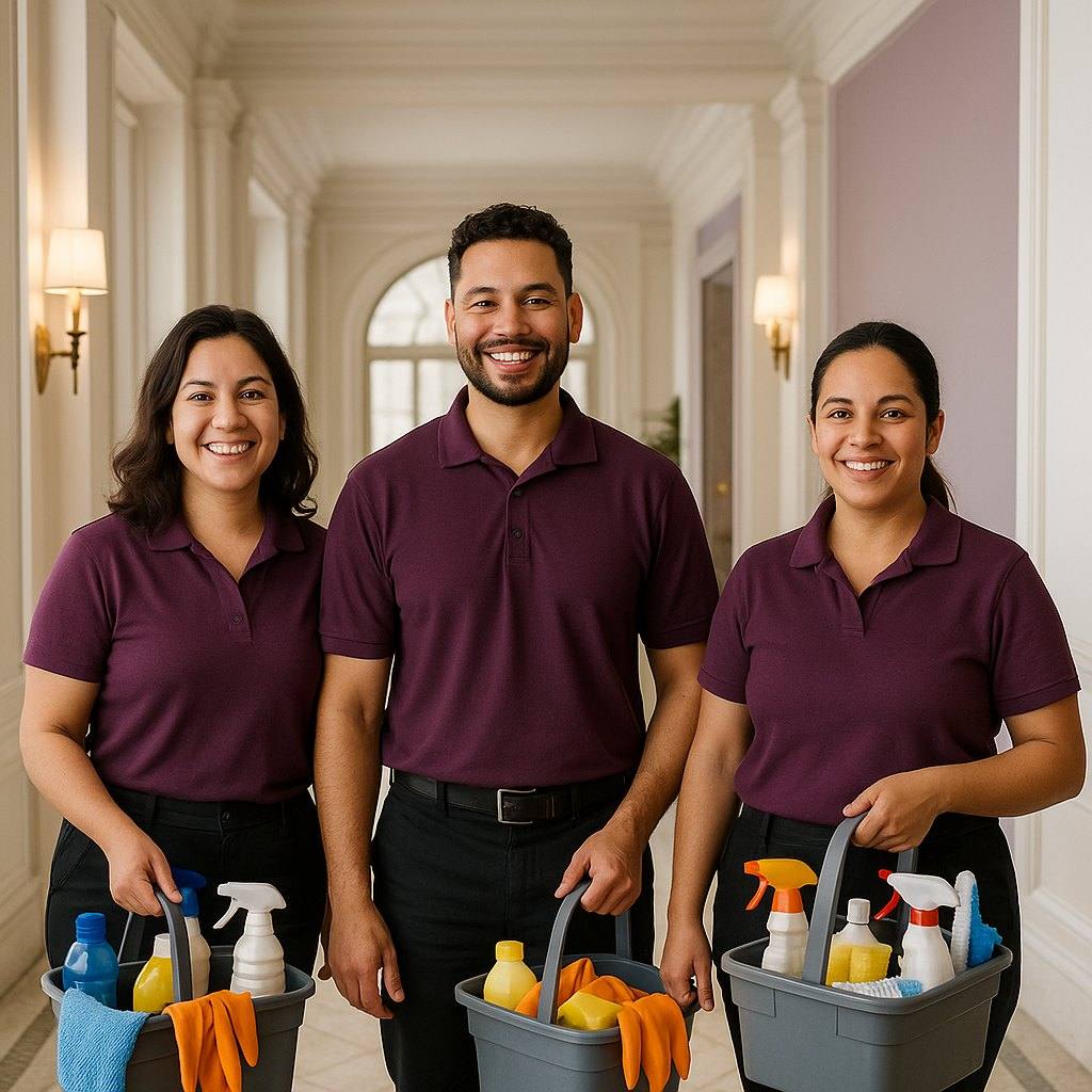 The Fifth Ave Maids team in plum uniforms